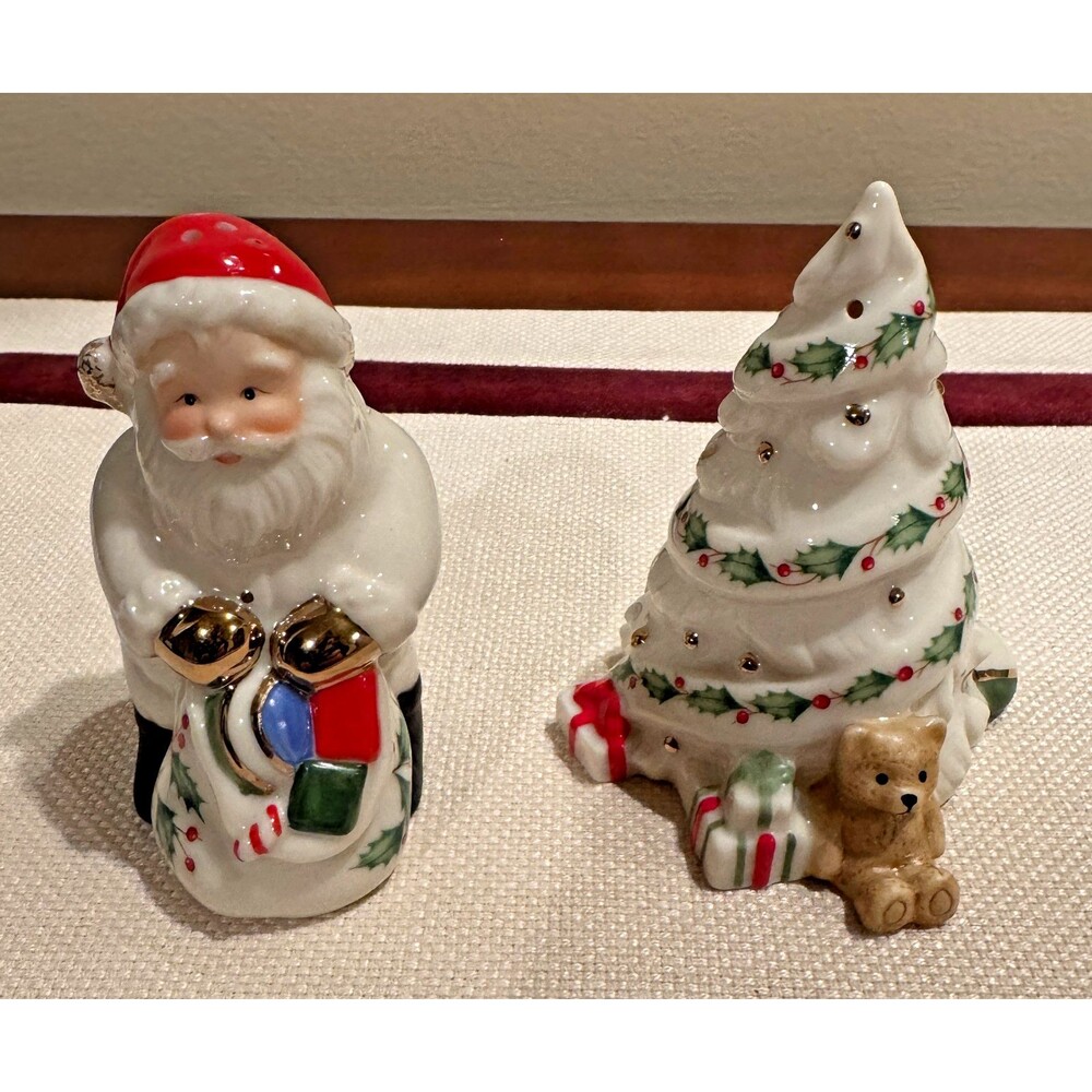 LENOX Salt & Pepper Shaker Set Porcelain Holiday Santa & Christmas Tree